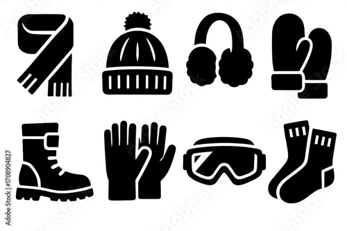 Winter clothing silhouette icon set. featuring scarf, hat, earmuffs, mittens, boots, gloves, goggles, socks