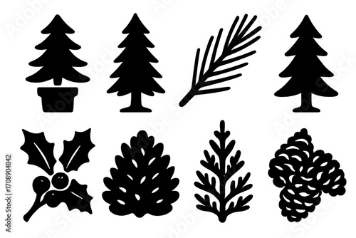 Christmas nature silhouette icon set. featuring tree, pine, holly, berry, and cone symbols