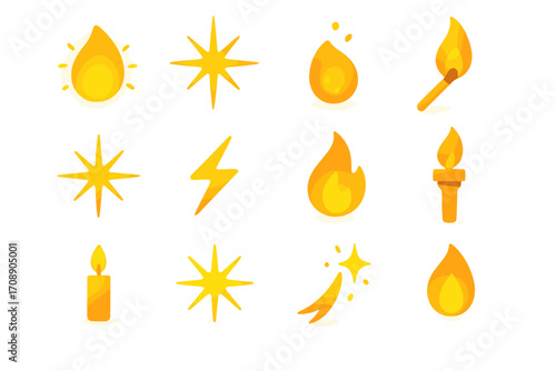 Fire and flame silhouette icon set. featuring spark, candle, match, electricity, and light symbols