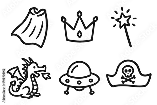 Fairy tale linear icon set. featuring cape, crown, wand, dragon, ufo, pirate hat symbols