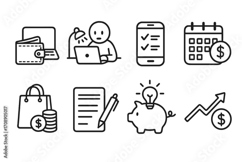 Finance and work linear icon set. featuring laptop, wallet, shopping, checklist, calendar, notes, piggy bank, growth