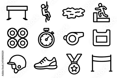 Sports and fitness linear icon set. featuring hurdle, climbing, mud run, vault, stopwatch, whistle, helmet, shoes, medal, finish line