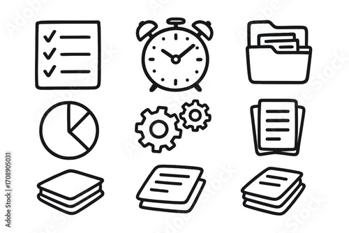 Business tools silhouette icons set. featuring checklist, alarm clock, folders, chart, gears, and documents