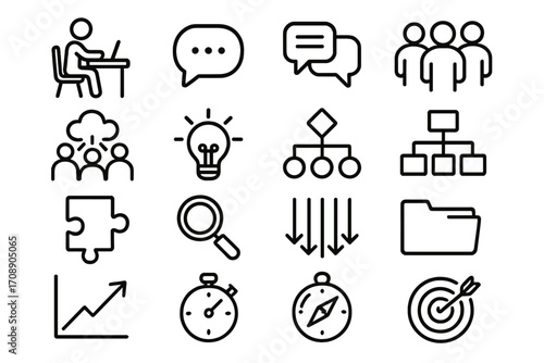 Business and strategy linear icon set. featuring meeting, chat, teamwork, idea, structure, puzzle, and analysis symbols