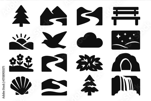 Nature silhouette icon set. featuring mountain, river, bench, sunrise, bird, cloud, forest, and cave symbols