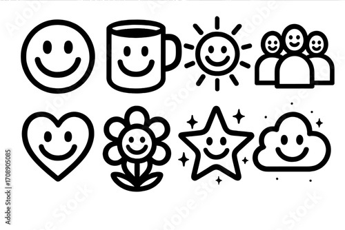 Positivity linear icon set. featuring smiley face, mug, sun, group, heart, flower, star, cloud symbols