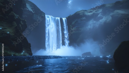 Surreal glowing waterfall in a mysterious and enchanting nocturnal landscape