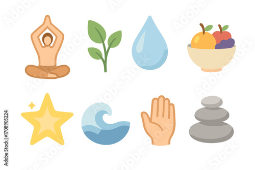 Wellness flat icon set. featuring yoga, plant, water drop, fruit bowl, star, wave, hand, stone stack symbols
