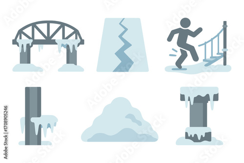 Winter disaster flat icon set. featuring bridge, crack, falling, pillar, snow pile, and icy pipe