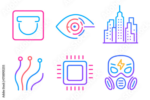 Technology neon icon set. featuring folder, eye, cityscape, circuit, chip, mask symbols