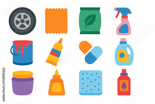 Cleaning supplies flat icon set. featuring detergent, sponge, bucket, spray bottle, powder, and tire symbols