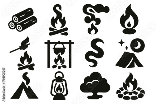 Camping essentials silhouette icon set. featuring campfire, tent, lantern, log, smoke, tree, moonlight symbols