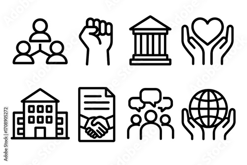 Community and support linear icon set. featuring team, protest, justice, care, education, agreement, discussion, global symbols