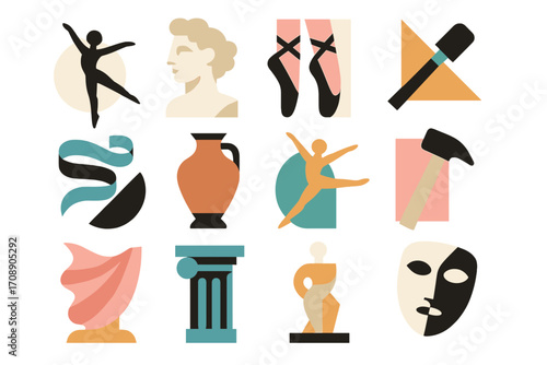 Performing arts silhouette icon set. featuring ballet, drama, sculpture, painting, and architecture symbols