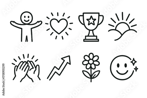 Happiness and success linear icons set. featuring joy, love, achievement, sunrise, applause, growth, flower, and smile symbols