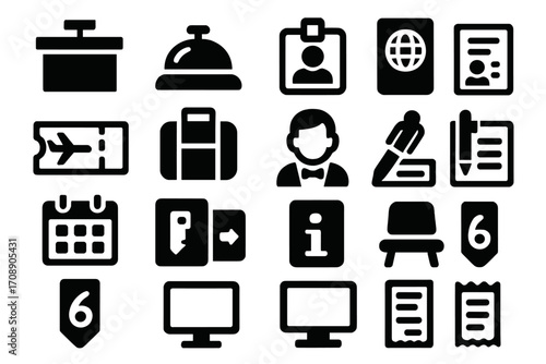 Travel and hospitality silhouette icon set. featuring ticket, bell, globe, passport, and calendar symbols
