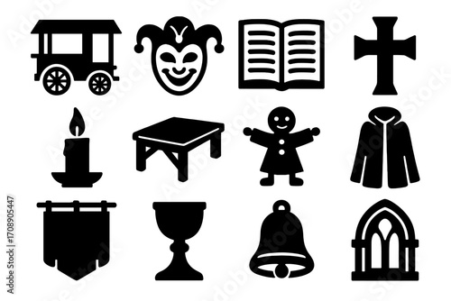 Medieval elements silhouette icon set. featuring cart, jester, book, cross, candle, table, doll, cloak, banner, chalice, bell, window