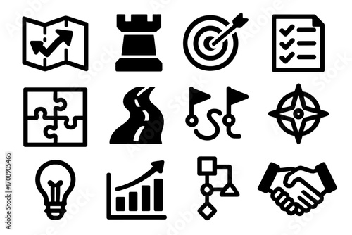 Business strategy silhouette icon set. featuring map, tower, target, checklist, puzzle, path, flags, compass, bulb, graph, workflow, handshake symbols