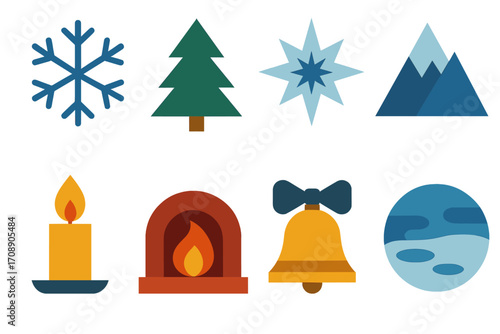 Winter holidays flat icon set. featuring snowflake, tree, star, mountain, candle, fireplace, bell, moon