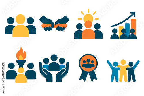 Business growth silhouette icons set. featuring teamwork, partnership, leadership, success, collaboration, and achievement symbols