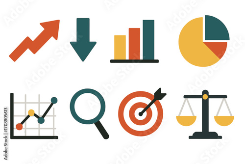 Business data flat icon set. featuring arrow, chart, graph, pie, magnifier, target, and scales
