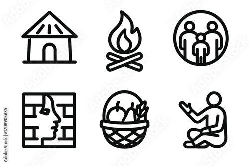 Tribal life silhouette icon set. featuring house, fire, community, tradition, food, and storytelling symbols