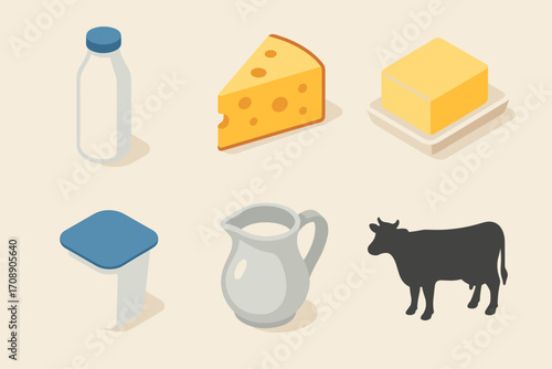 Dairy products flat icon set. featuring milk, cheese, butter, yogurt, cream, and cow symbols