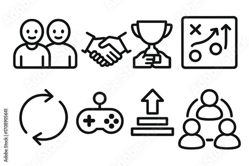 Teamwork and collaboration silhouette icon set. featuring handshake, trophy, strategy, refresh, and communication symbols