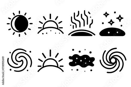 Astronomy silhouette icon set. featuring sun, sunset, horizon, stars, galaxy, sunrise, and black hole symbols