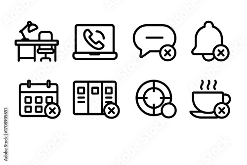 Office tools linear icons set. featuring desk, laptop, chat, notification, calendar, locker, life saver, coffee
