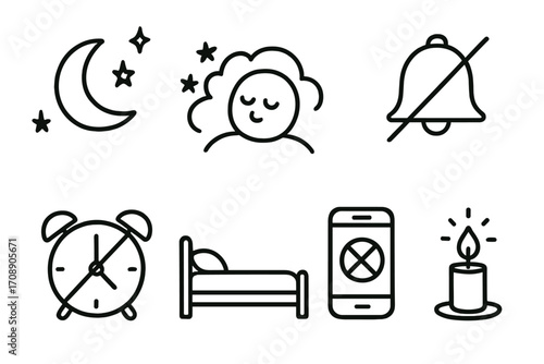 Sleep and relaxation linear icon set. featuring moon, stars, dream, silence, alarm, bed, smartphone, candle