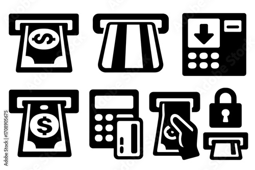 Banking silhouette icons set. featuring atm, cash, card, deposit, withdrawal, security, lock