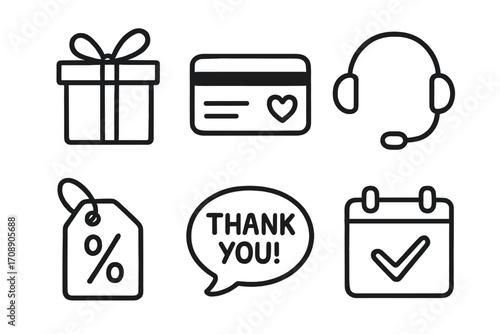 Shopping and customer service linear icon set. featuring gift, card, headset, tag, thank you, and calendar symbols