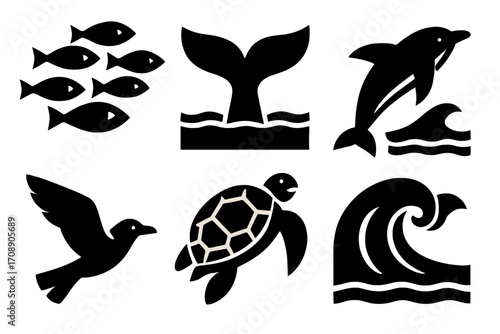 Marine animals silhouette icon set. featuring fish, whale tail, dolphin, seagull, turtle, and wave symbols