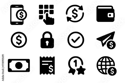 Finance silhouette icon set. featuring smartphone, transaction, wallet, currency, lock, and payment symbols