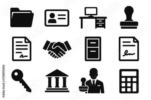 Office tools silhouette icon set. featuring id card, desk, stamp, document, handshake, file cabinet, key, building, calculator
