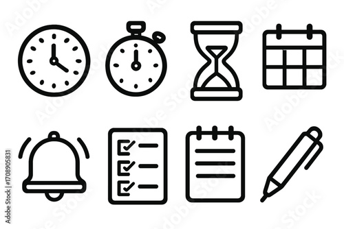 Time management linear icon set. featuring clock, stopwatch, hourglass, calendar, bell, checklist, notepad, pen symbols