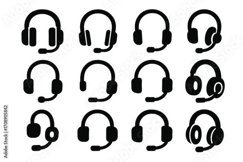 Communication devices silhouette icon set. featuring headphones with microphones in various styles