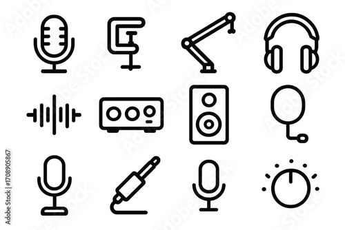 Audio equipment linear icon set. featuring microphone, headphones, mixer, sound wave, and speaker symbols