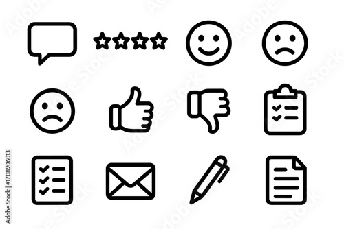 Feedback and evaluation silhouette icon set. featuring review, rating, smiley, checklist, email, and pen symbols