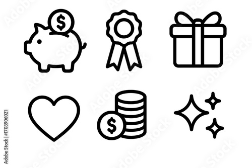 Finance and rewards linear icon set. featuring piggy bank, medal, gift, heart, coins, and sparkle symbols