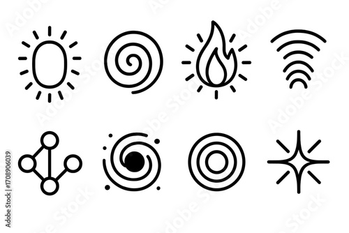 Elements and energy silhouette icon set. featuring sun, spiral, fire, wifi, network, vortex, target, star symbols