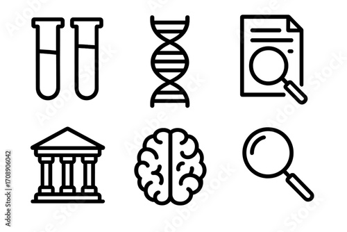 Science-themed linear icon set. featuring test tube, dna, research, lab, microscope, and brain symbols