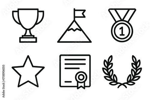 Achievement and success linear icon set. featuring trophy, medal, mountain, star, certificate, and laurel icons