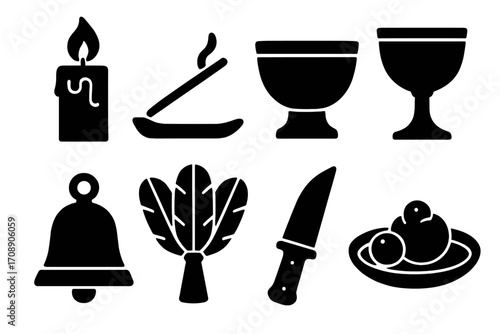 Religious ritual silhouette icon set. featuring candle, incense, chalice, bell, leaf, knife, fruit