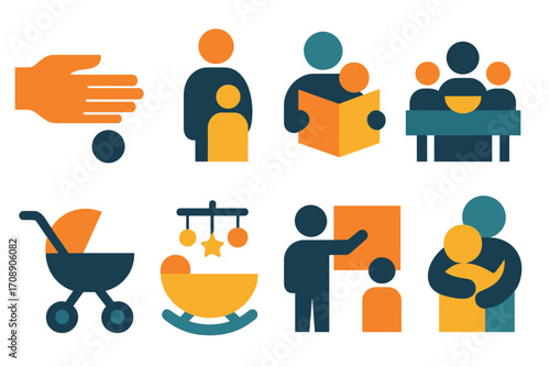 Family activities flat icon set. featuring parenting, reading, dining, stroller, cradle, education, and holding child