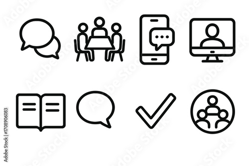 Business communication silhouette icons set. featuring chat, meeting, phone, video call, book, message, checkmark, team.