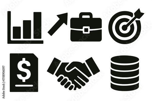 Business silhouette icon set. featuring analytics, growth, briefcase, target, financial report, handshake, database