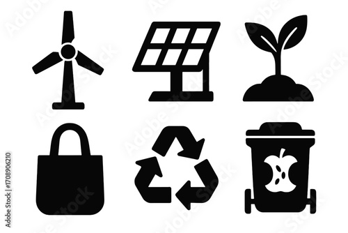 Eco-friendly silhouette icon set. featuring wind turbine, solar panel, plant, shopping bag, recycle, compost bin symbols