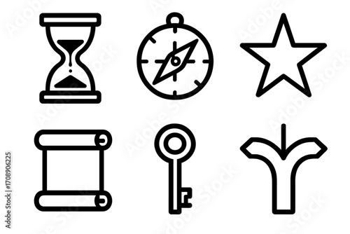 Medieval adventure silhouette icon set. featuring hourglass, compass, star, scroll, key, and sword symbols